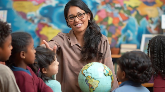 Foto een glimlachende vrouwelijke leraar met een bril zit op een stoel in een klaslokaal