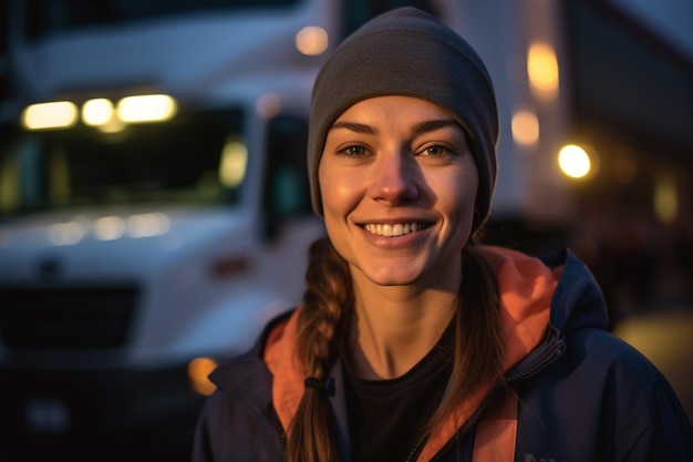 Een glimlachende vrouwelijke vrachtwagenchauffeur die voor haar vrachtwagen staat met Generative AI