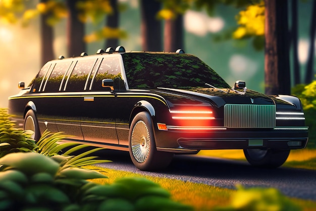 Foto een glimmende gitzwarte limousine glijdt door de stad als symbool van prestige