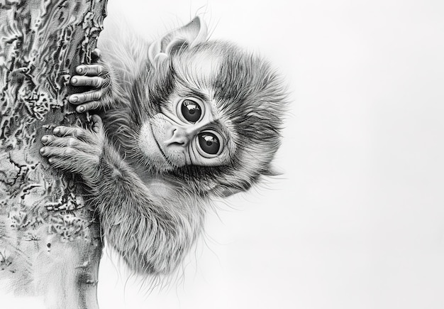 Foto een glimp in de natuur een gedetailleerd zwart-wit portret dat de ingewikkelde details van een aap vasthoudt aan een boom vasthoudt