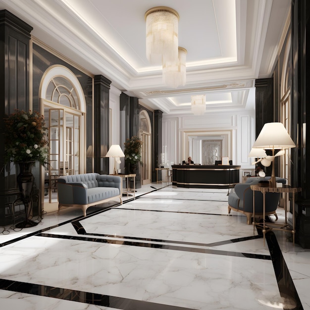 Foto een glimp van grandeur donkere tegels witte lampen en precisionistische elegantie in een business hotel