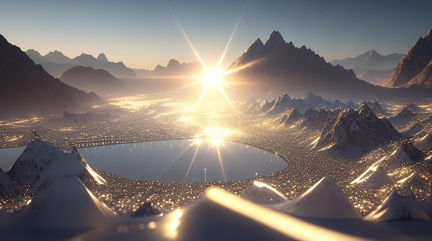 Een glinsterend met diamanten bezaaid 3D-landschap dat glinstert in het licht
