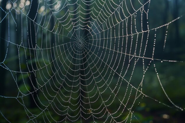 Een glinsterend spinnenweb dat ingewikkeld is geweven te midden van het weelderige groen in het bos dat door de ochtenddauwdruppels wordt benadrukt