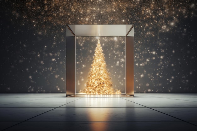 Een glinsterende kerstboom versierd met goud onder een glazen koepel die de essentie van feestelijke elegantie weerspiegelt