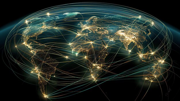 Foto een gloeiend netwerk van verbindingen tussen grote steden over de hele wereld
