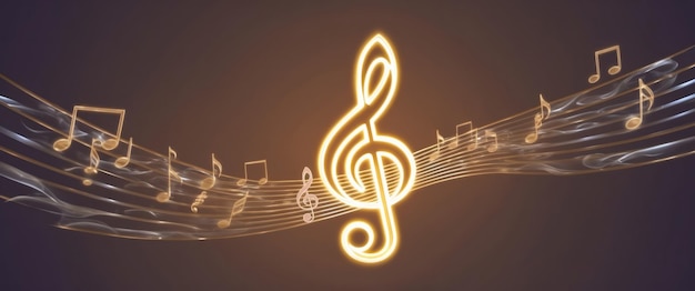 Een gloeiende 3D-treble sleutel omringd door geluidsgolven die muzikale creativiteit illustreren