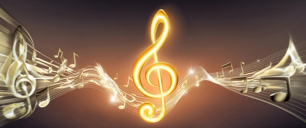 Een gloeiende 3D-treble sleutel omringd door geluidsgolven die muzikale creativiteit illustreren