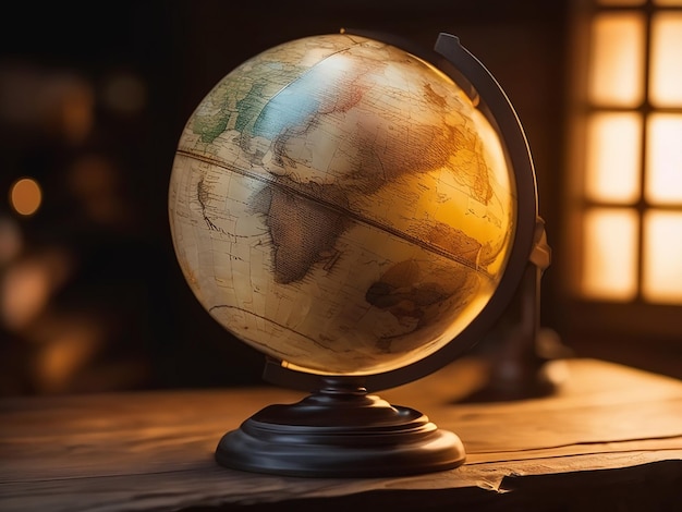 Een gloeiende bol verlicht een oude wereldkaart op een houten tafel