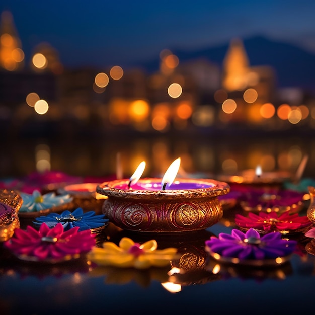 Foto een gloeiende diya die het hart van diwali symboliseert