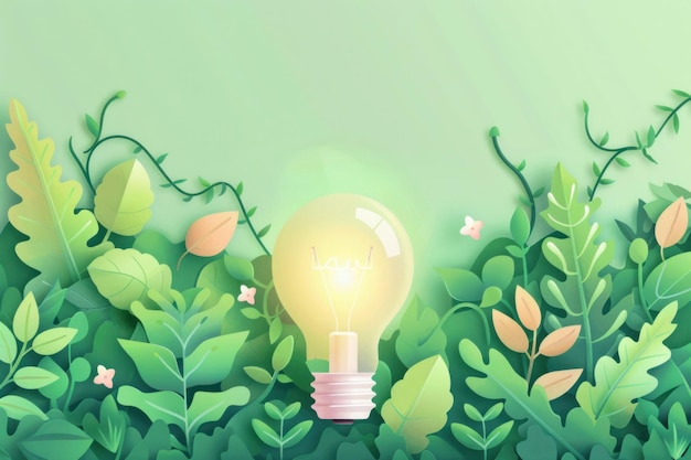 Een gloeiende gloeilamp omringd door weelderige groene bladeren en planten op een zachte groene achtergrond