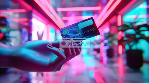 Foto een gloeiende hand houdt een futuristische creditcard vast met een gloeiende chip. de achtergrond is een wazige stad's nachts met neonlichten.