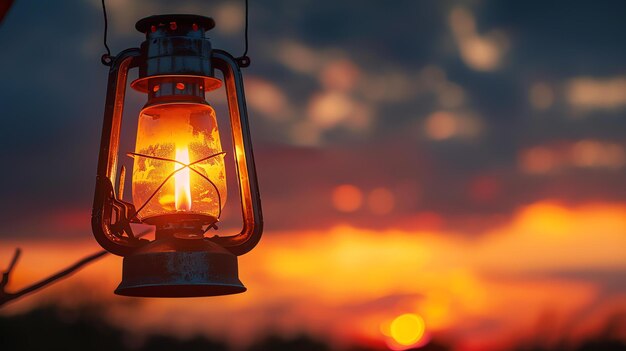 Een gloeiende lantaarn hangt aan een boomtak tegen een prachtige zonsondergang het warme licht van de lantaarn contrasteert met de koele kleuren van de hemel