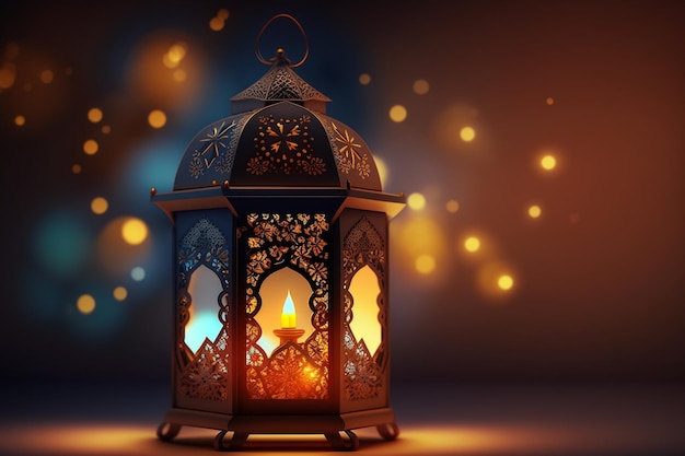Een gloeiende lantaarn met een aangestoken kaars binnen ramadan mubarak Generative AI