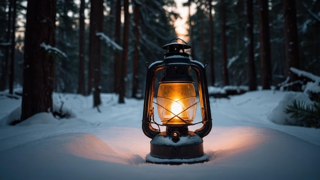 Foto een gloeiende lantaarn werpt warm licht op een besneeuwd pad