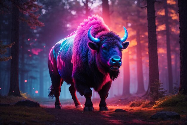 Foto een gloeiende neon bison die in het bos staat