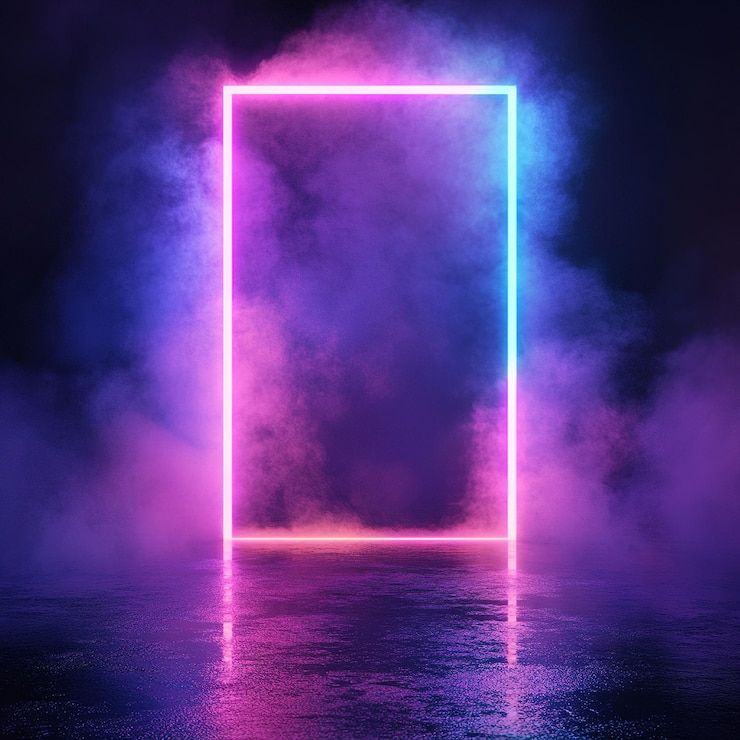 Foto een gloeiende neon rechthoek omringd door rook.