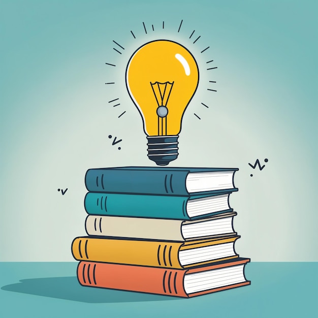 Een gloeilamp die een stapel boeken verlicht, die kennis en ideeën vertegenwoordigt