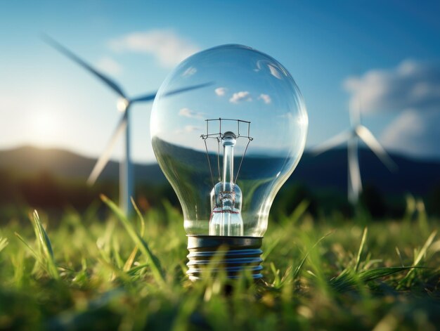 Een gloeilamp met groen veld en windturbines in de stijl van licht beige en hemelblauw