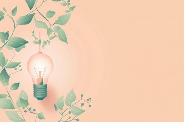 Een gloeilamp omringd door groene bladeren op een zachte perzikachtige achtergrond die milieuvriendelijkheid en innovatie symboliseert