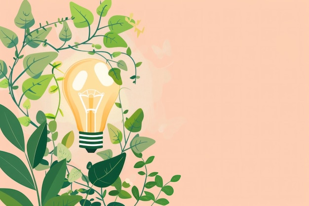 Een gloeilamp omringd door groene planten op een zachte roze achtergrond die milieuvriendelijkheid en innovatie symboliseert
