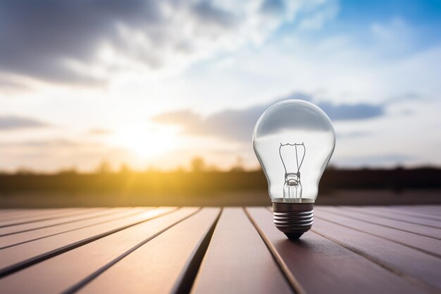 Een gloeilamp op een houten tafel met een zonsondergang op de achtergrond Internationale Dag van het Licht