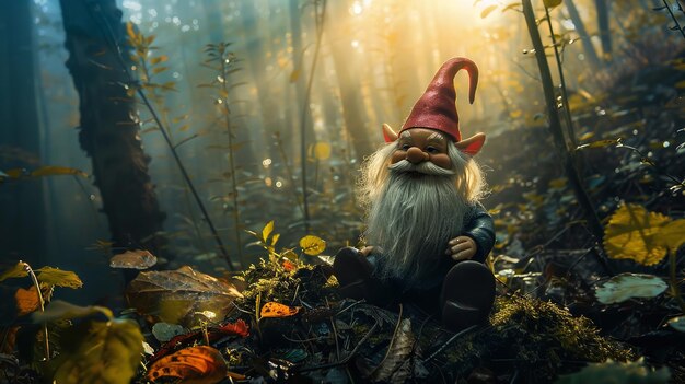 Foto een gnome in een bos een charmante kleine dwerg in een fantastisch bos generatieve ai