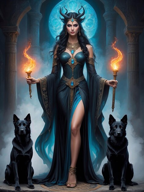 Een godin-achtig meisje staat met een kieuw van vuur en een hond aan haar zijde.