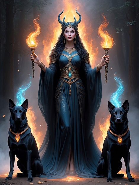 Een godin-achtig meisje staat met een kieuw van vuur en een hond aan haar zijde.