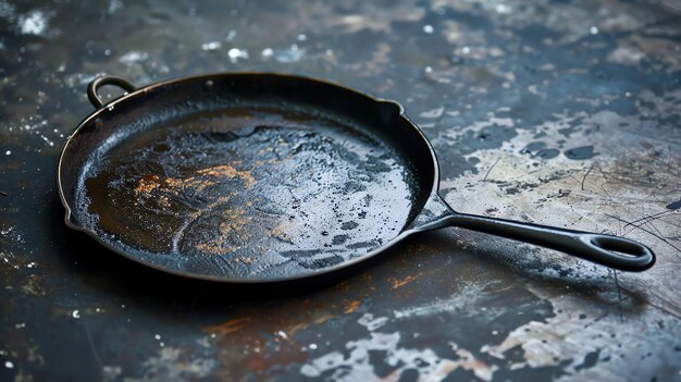 Foto een goed gebruikte gietijzeren pan zit op een donker oppervlak de pan is bedekt met een laag olie en heeft een donkere patina