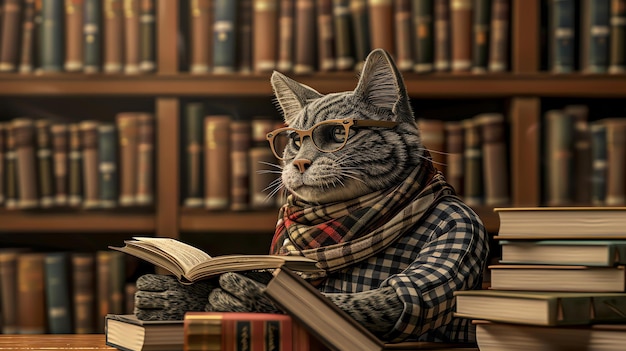 Foto een goed geklede kat met een bril zit in een bibliotheek en leest een boek. de kat draagt een geruite shirt en een sjaal.