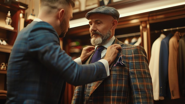 Een goed geklede man krijgt een nieuw pak aangepast in een luxe winkel de kleermaker meet zorgvuldig de borst van de man om een perfecte pasvorm te garanderen