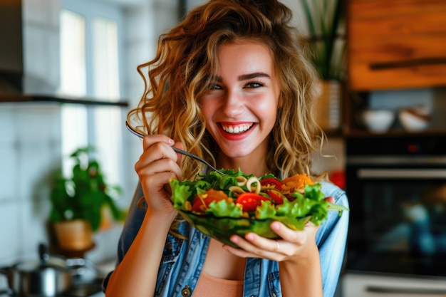 Een goed gevoel begint met goed eten Portret van een jonge vrouw die thuis van een salade geniet