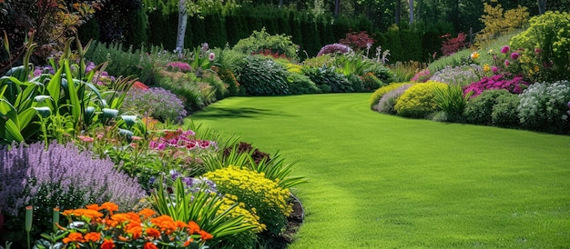 Een goed onderhouden tuin met levendige zomerbloemen en een weelderig gazon