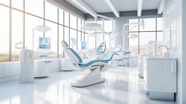 Een goed verlichte en ongerepte tandheelkundige kliniek met tandheelkunnige stoelen en apparatuur voor mondheergezondheidszorg