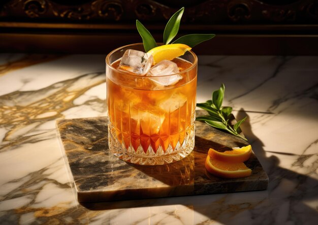 Foto een goed vormgegeven whiskey smash-cocktail geserveerd op een marmeren bar die elegantie en verfijning uitstraalt