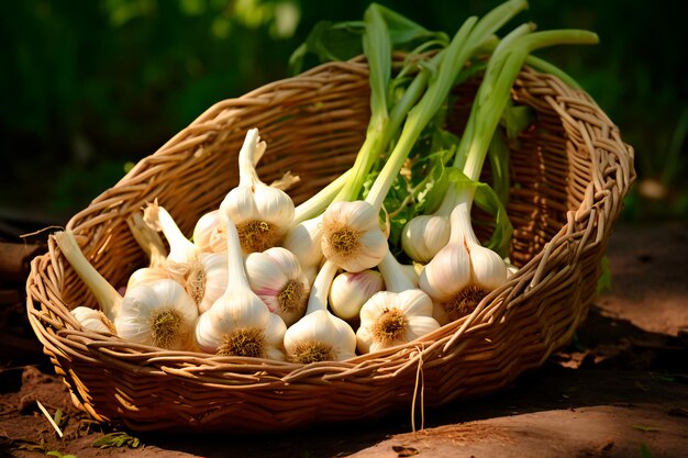 Een goede oogst van knoflook Teelt van knoflook Boerderij en veld geoogste landbouwgewassen