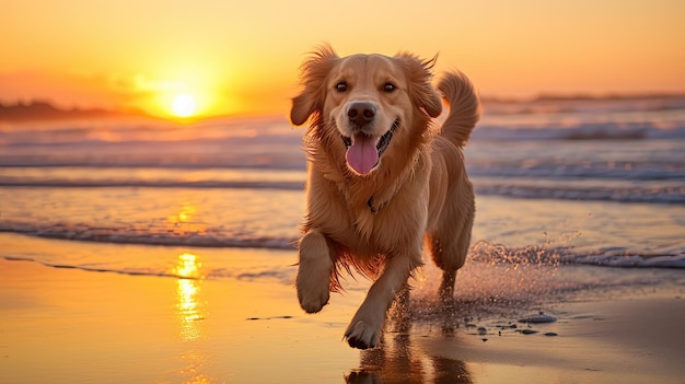 Een golden retriever geniet van een stranddag bij zonsondergang