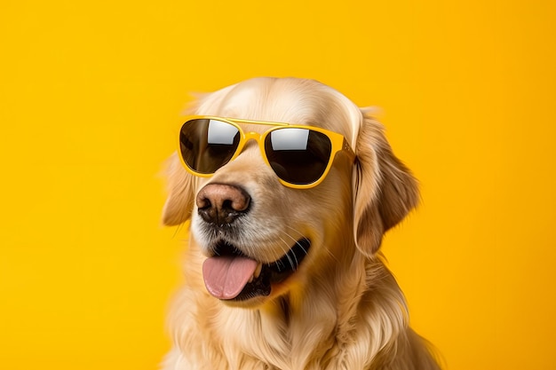 Een golden retriever hond met een zonnebril op een gele achtergrond.
