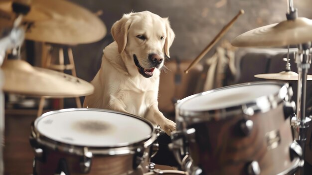 Foto een golden retriever hond met koptelefoon zit op een drumstel en speelt de drumsticks