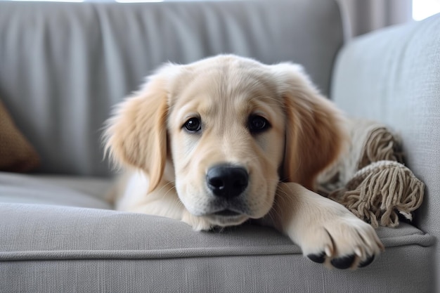 Een golden retriever-puppy die op een bank ligt