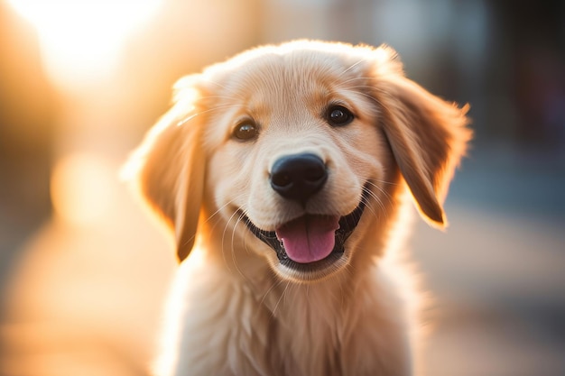 Een golden retriever-puppy glimlacht naar de camera.