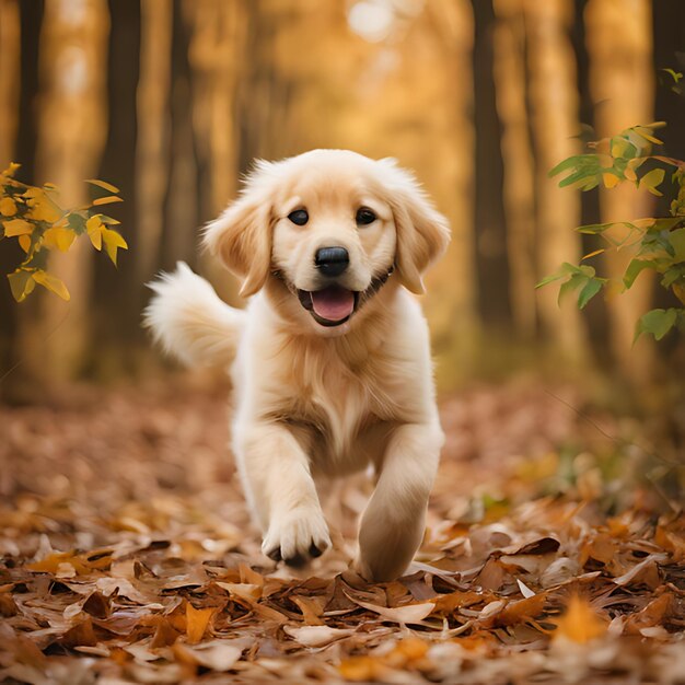 een golden retriever puppy loopt door de bladeren