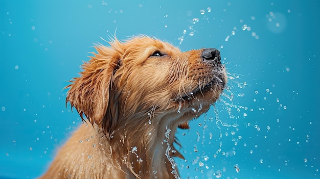 Een golden retriever puppy schudt vreugdevol waterdruppels af