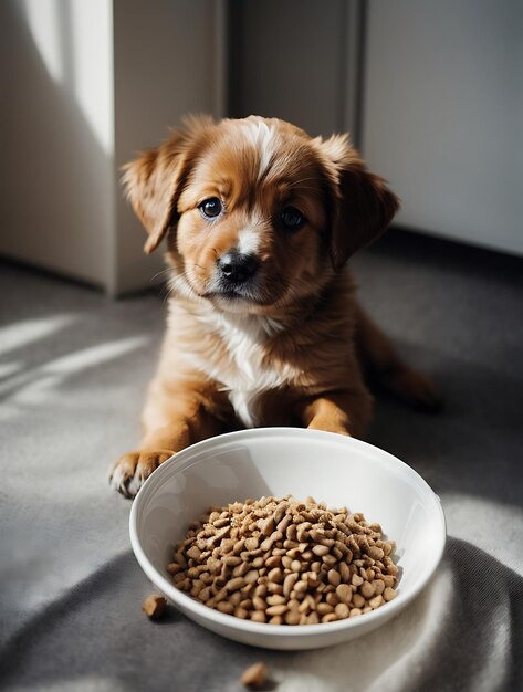 een golden retriever puppy zit naast een kom hondenvoedsel