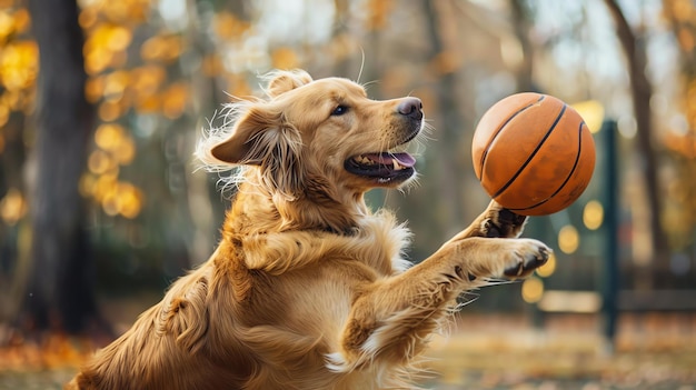 Foto een golden retriever speelt basketbal in het park de hond loopt en springt en heeft de bal in zijn mond