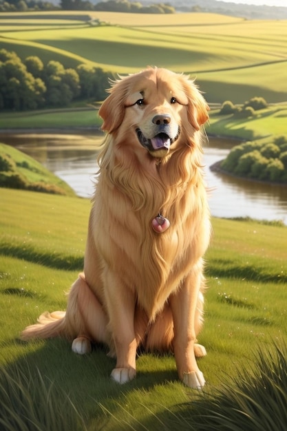 Een golden retriever staat met een hond in het gras.