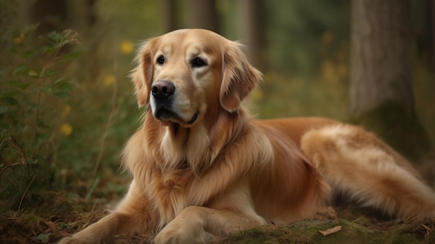 Een golden retrieverhond die in het bos legt