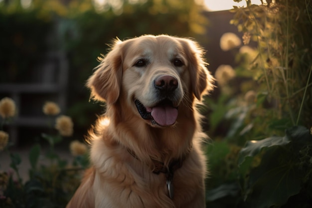 Een golden retrieverhond zit in een tuin