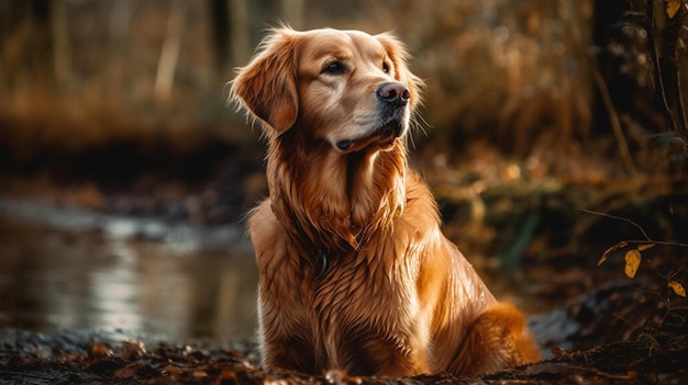 Een golden retrieverhond zit in een vijver in het bos.