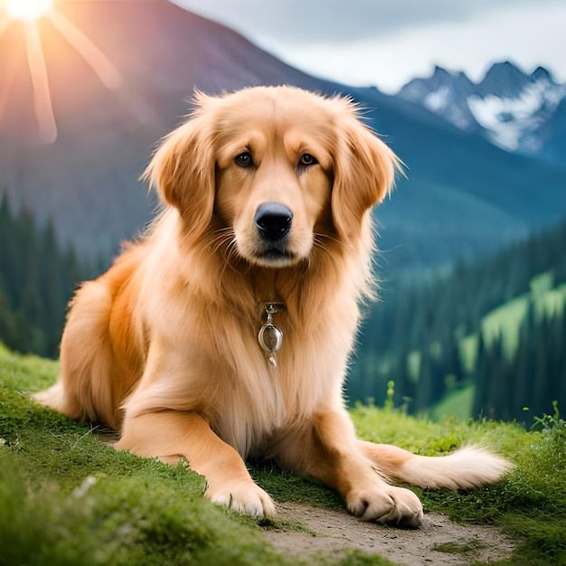 Een golden retrieverhond zit op een heuvel met bergen op de achtergrond.